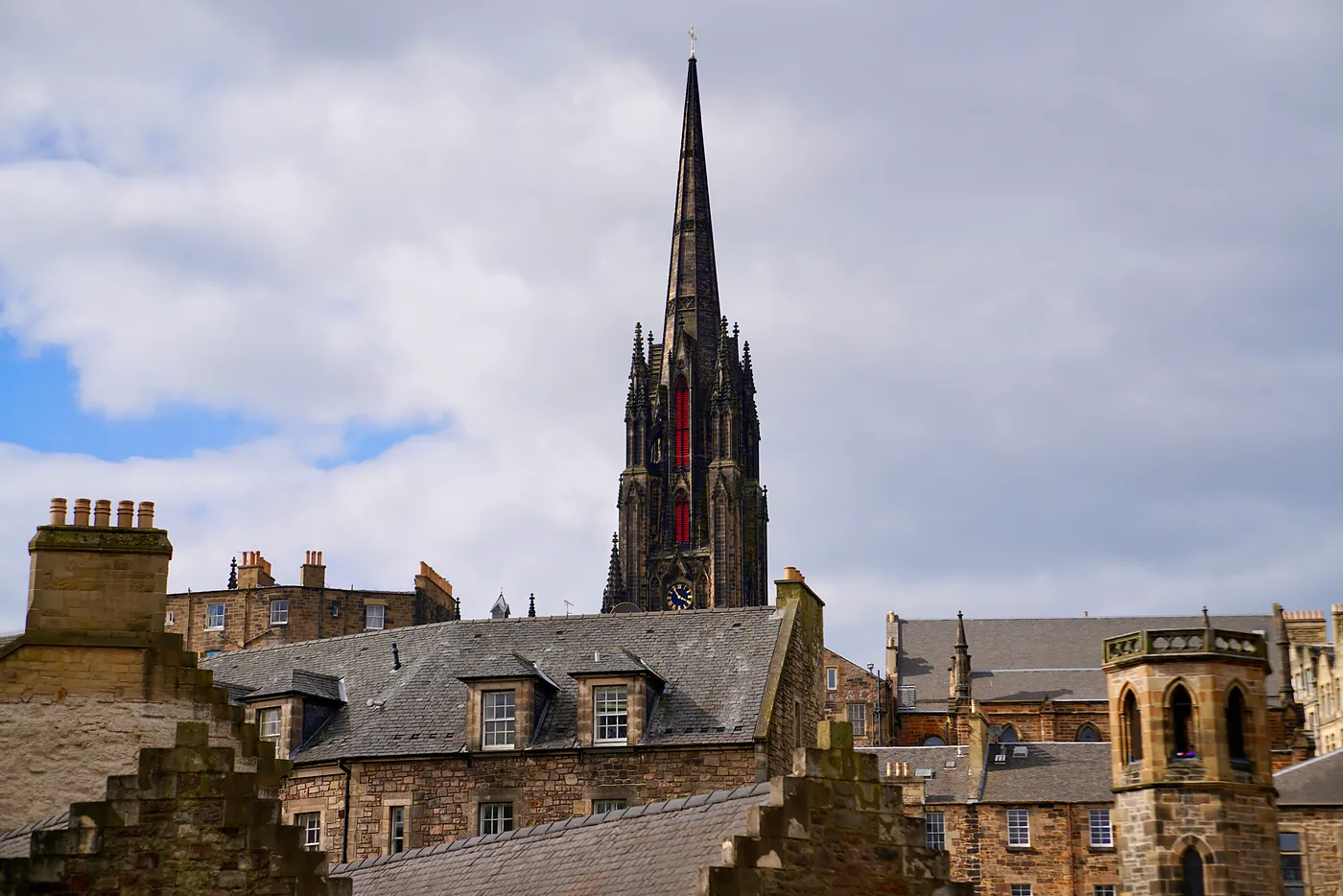 Saint Columba's tower amidst the rooftops.
