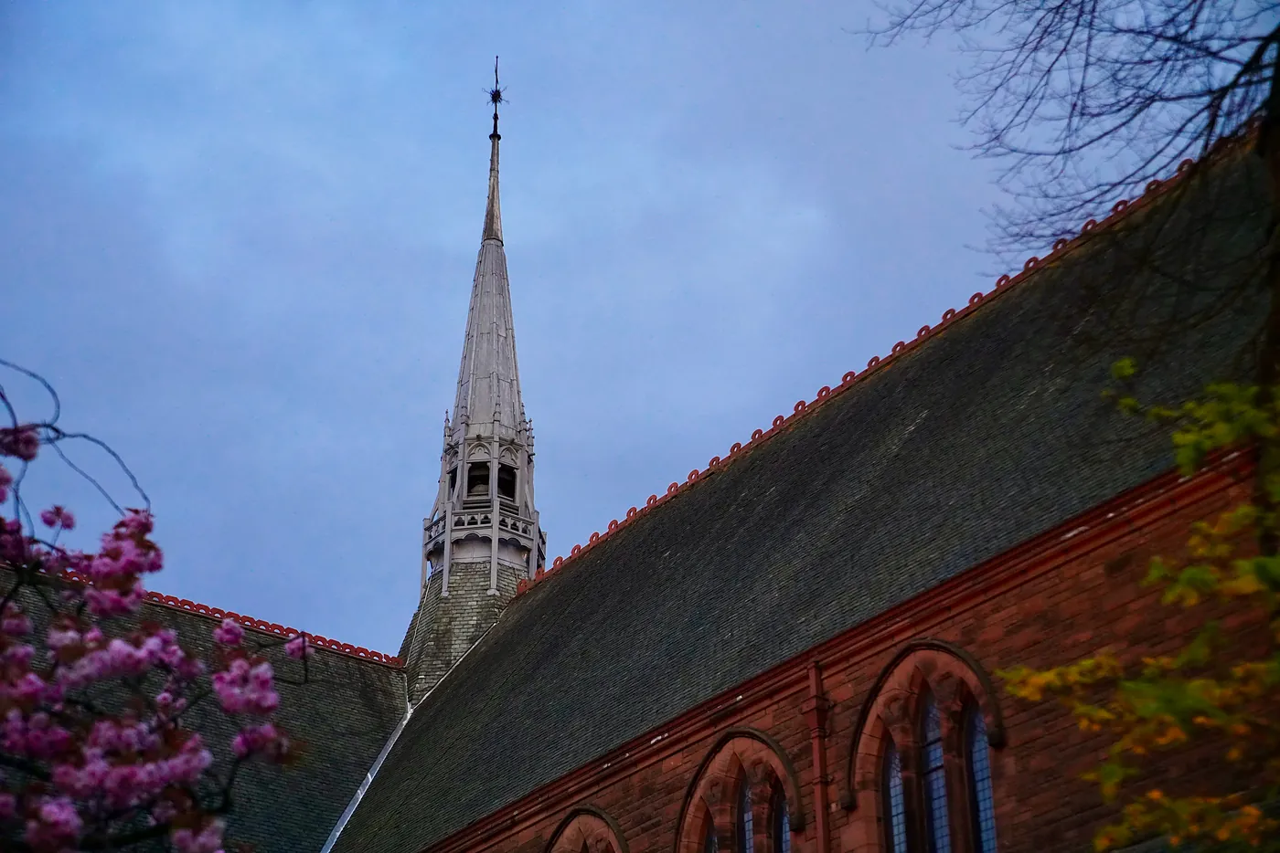 The white spire of the Morningside Parish church.