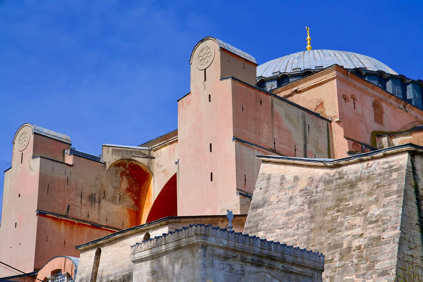 The front of the Hagia Sophia. In Greek, Hagia means "holy," and Sophia means "wisdom."