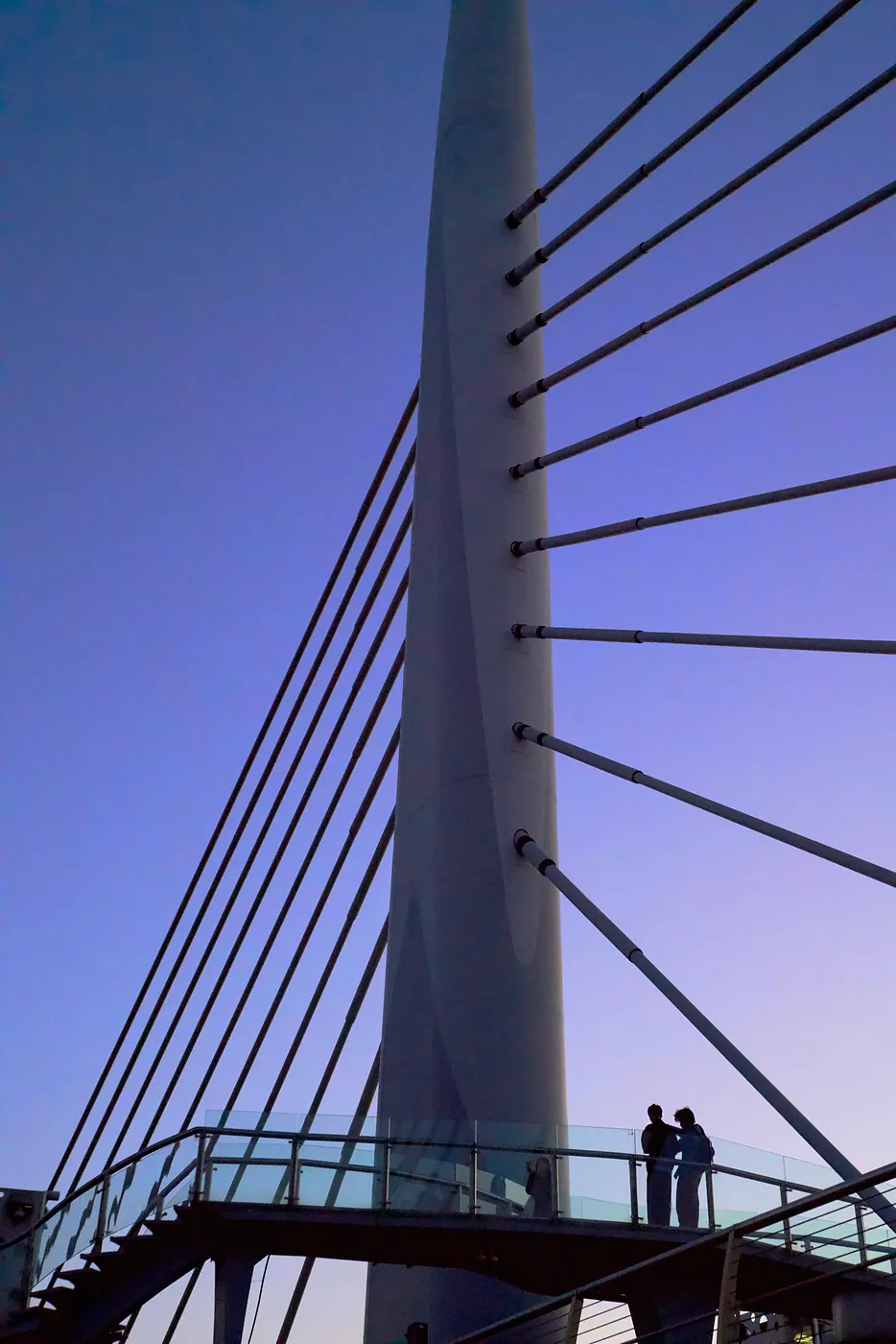 One of the Hiliç metro bridge's two towers at dusk.