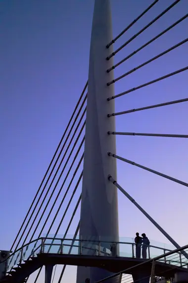 Cables of the Golden Horn Metro Bridge fanning out against a violet dusk sky, Istanbul